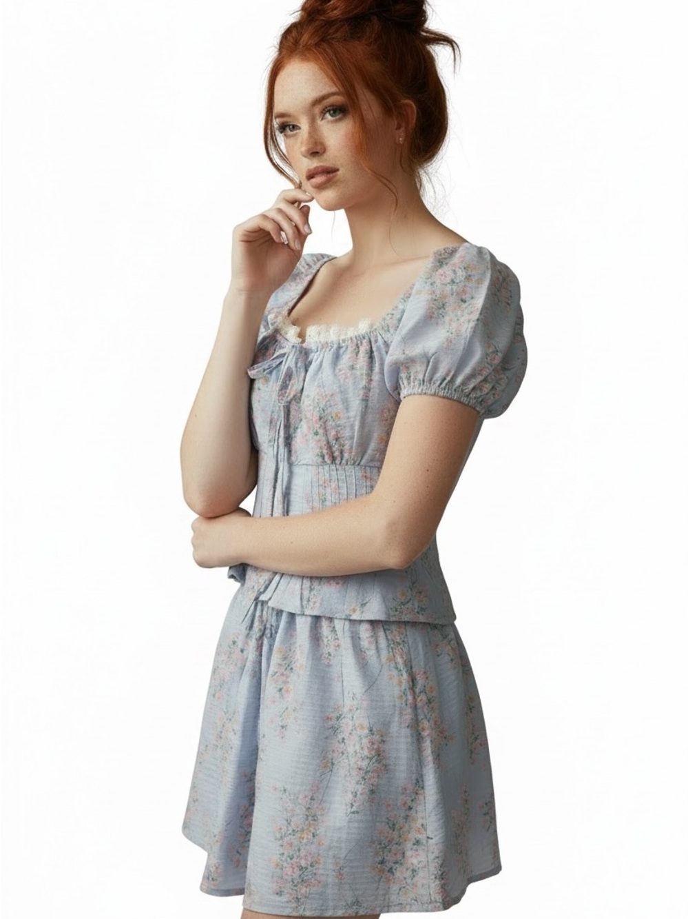 NWT Le Lis Light Blue Floral Puff Sleeve Skirt & Top Set - Small Cottage Core